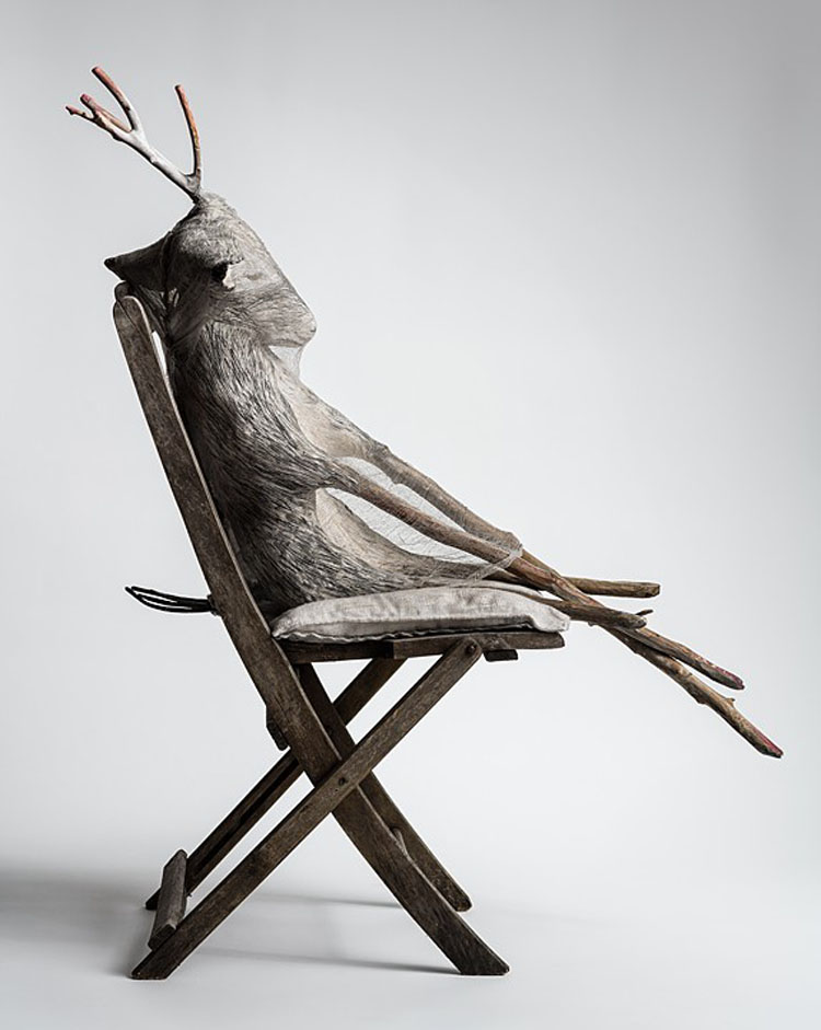 Elizabeth Jordan, Jersey Devil II, 2019, wood, fence pickets, chicken wire, wire mesh, Paperclay, plaster wrap, wire hangers, canvas, gouache, watercolor, window chain, L70” x W24” x H19” | Working Artist Org. Elizabeth Jordan, Jersey Devil II, 2019, wood, fence pickets, chicken wire, wire mesh, Paperclay, plaster wrap, wire hangers, canvas, gouache, watercolor, window chain, L70” x W24” x H19”
