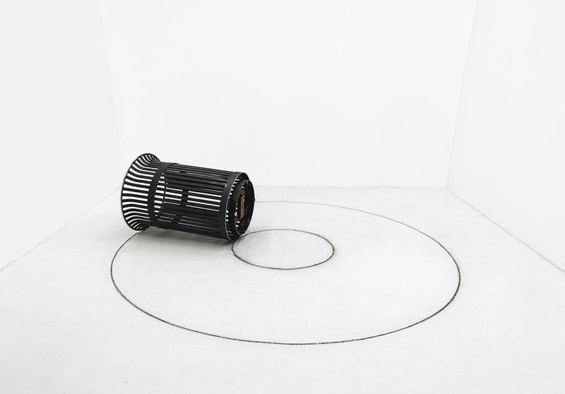 Gary LaPointe Jr., Rolled Trash Can, Circle Drawing, Polished city trash can, graphite and rust, 2015