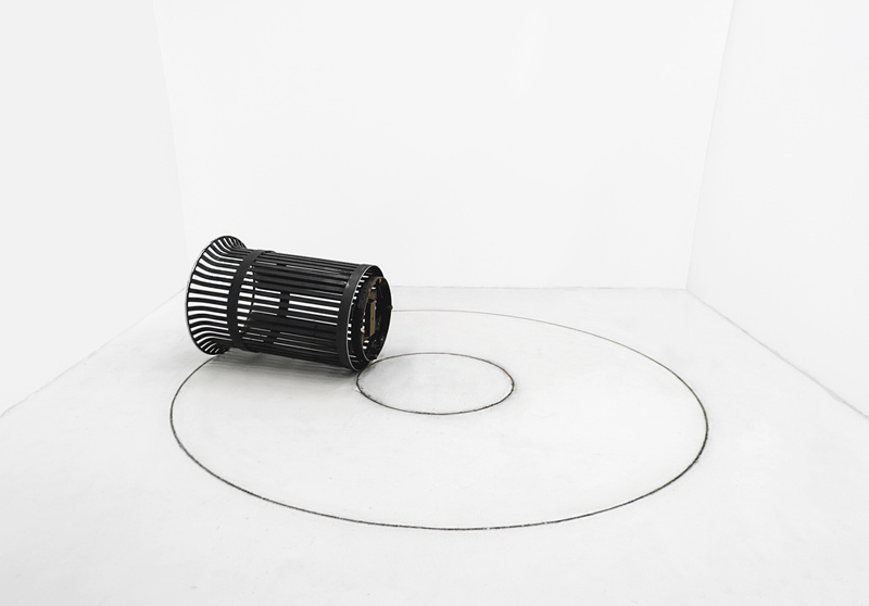 Gary LaPointe Jr., Rolled Trash Can, Circle Drawing, Polished city trash can, graphite and rust | Working Artist Org. Gary LaPointe Jr., Rolled Trash Can, Circle Drawing, Polished city trash can, graphite and rust, 2015