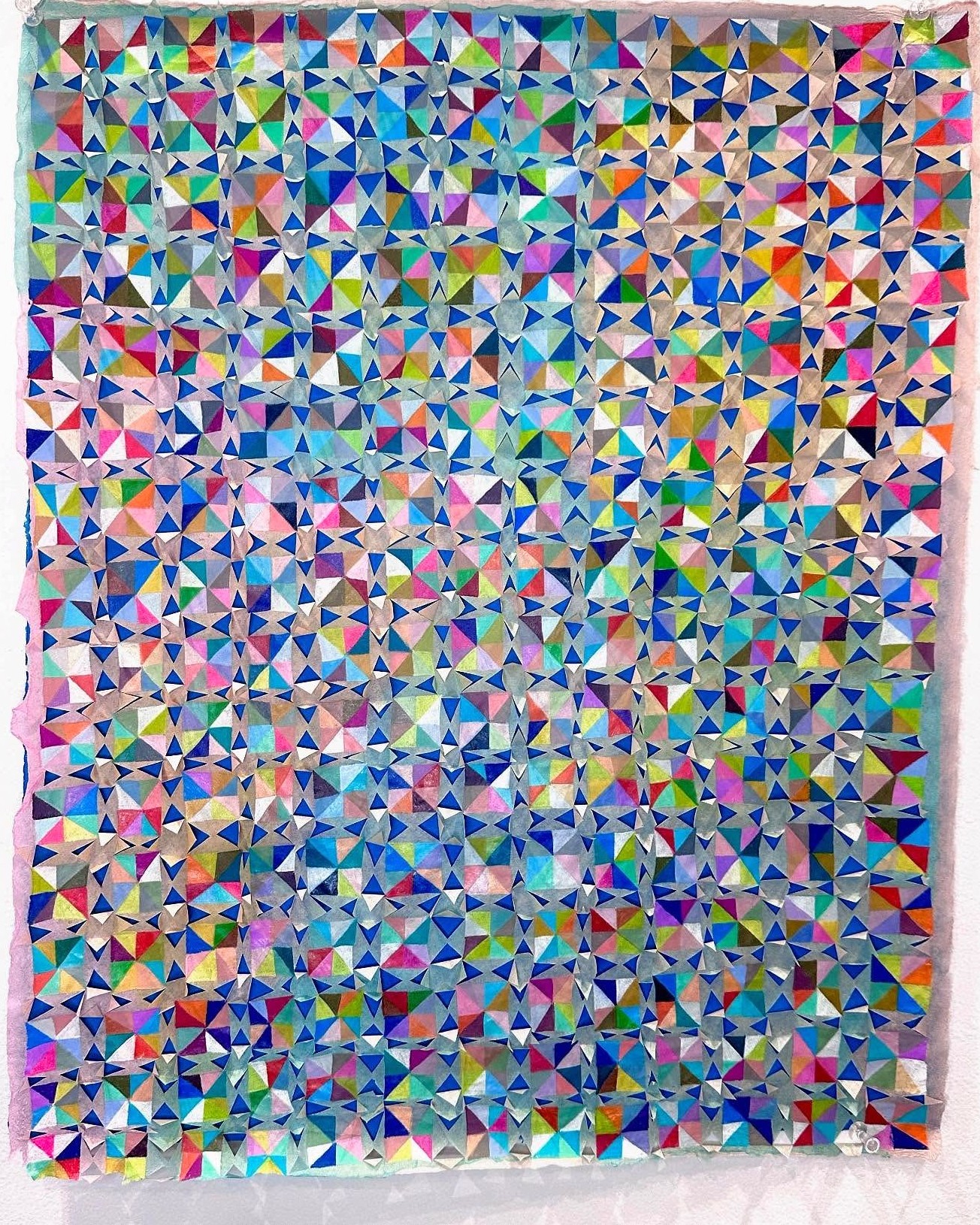Hannah Demma, Chromethesia 1, Handmade paper with color pencil and hand-cutting, blue Lokta backing sheet, 20 x 16 in., 2025