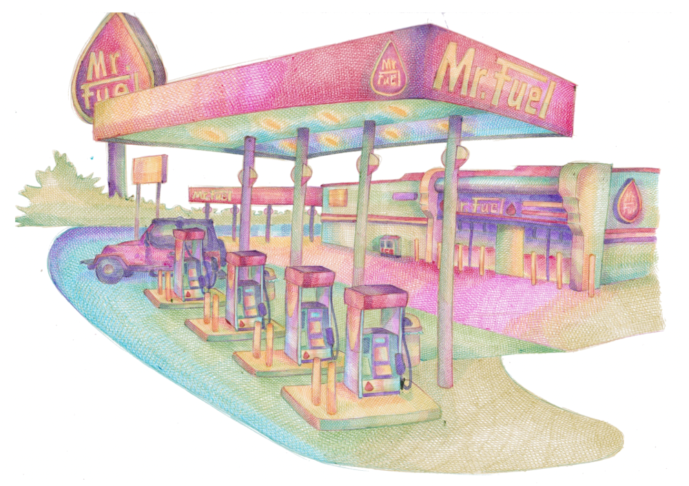 Iz Schrader, Mr. Fuel, from Gas Stations Series, Ballpoint on paper, 2025