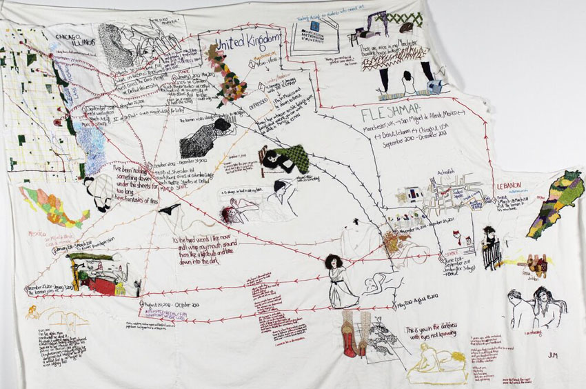 Jennifer Markowitz, UK/Mexico/Lebanon/Chicago:September 2010-December 2012, Hand-embroidered on repurposed, cotton bedsheet, 2018 | Working Artist Org. Jennifer Markowitz, UK/Mexico/Lebanon/Chicago:September 2010-December 2012, Hand-embroidered on repurposed, cotton bedsheet, 2018