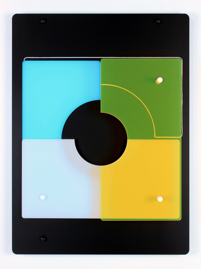 Yvette Kaiser Smith, pi x 5s (68440) Matte black, neon blue, 40% light transmission white and fluorescent yellow laser-cut acrylic, Neocolor II crayon, nylon spacers, capped hardware